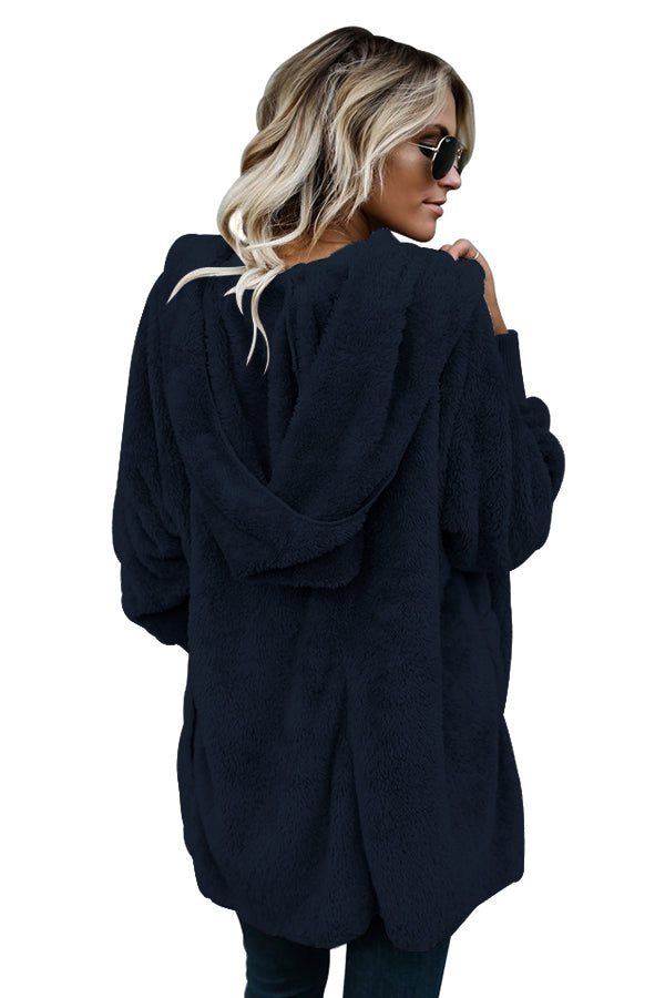 Blue Soft Fleece Hooded Open Front Coat