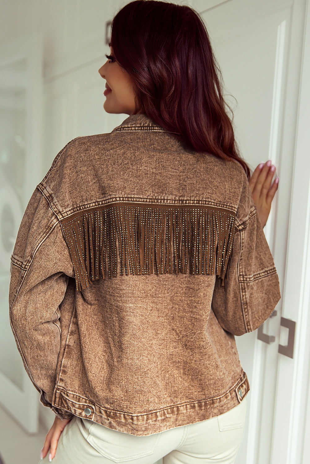 Brown Rhinestone Fringed Cowgirl Fashion Denim Jacket