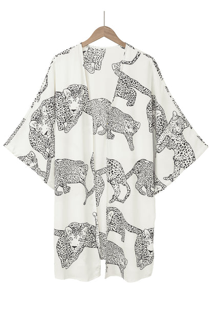 White Cheetah Print Loose Fit Open Front Kimono