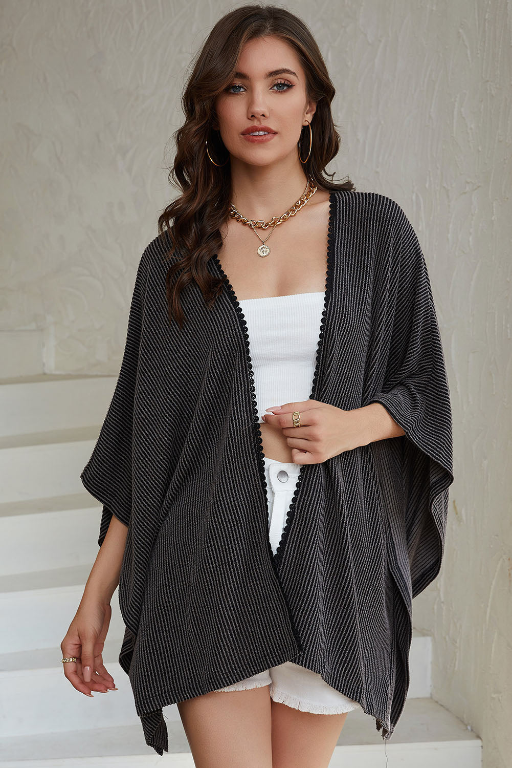 Black Lace Trim Ribbed Oversize Kimono