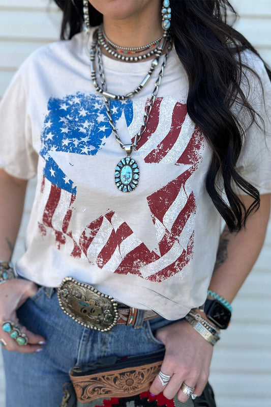 White American Flag Star Graphic Crew Neck T Shirt