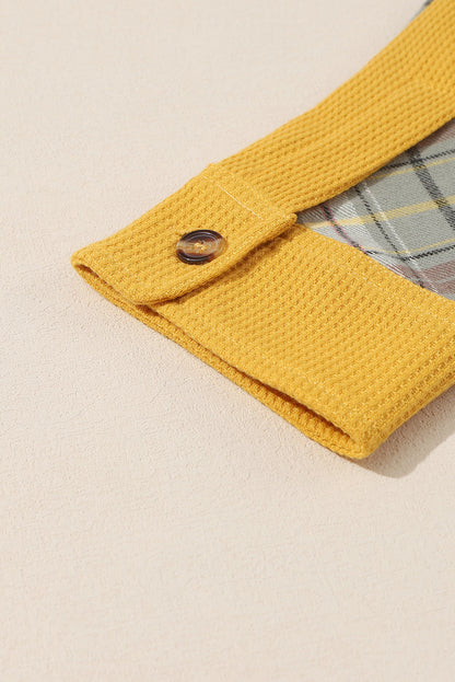 Yellow Waffle Knit Plaid Patchwork Pocketed Henley Hoodie