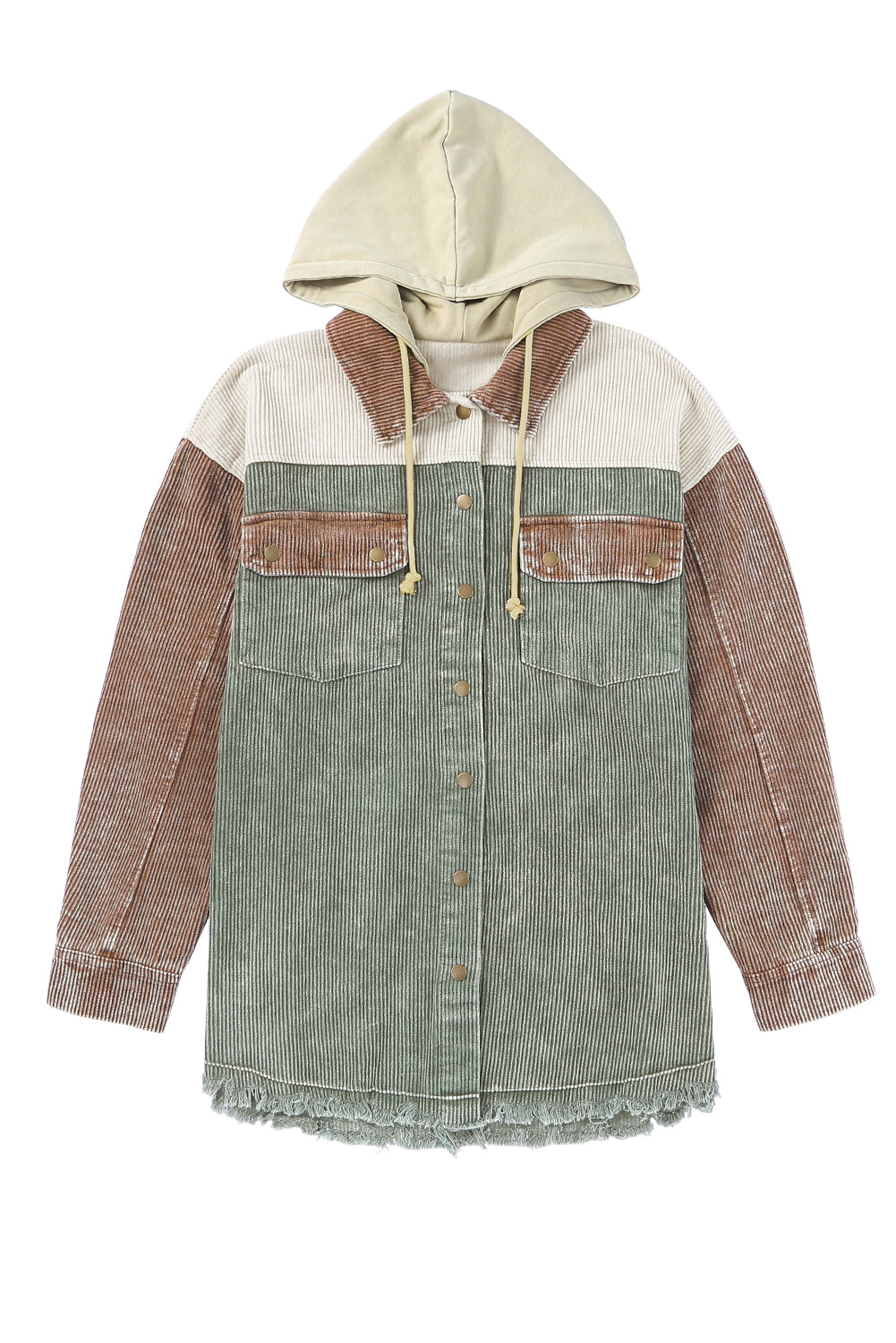 Green Color Block Button Down Hooded Corduroy Jacket