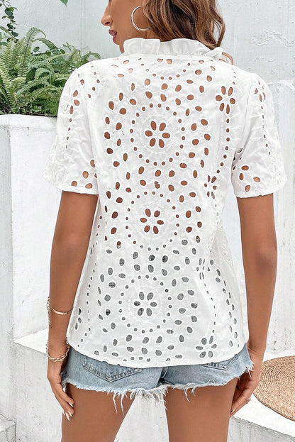 White Geometric Embroidery Hollow Out Blouse