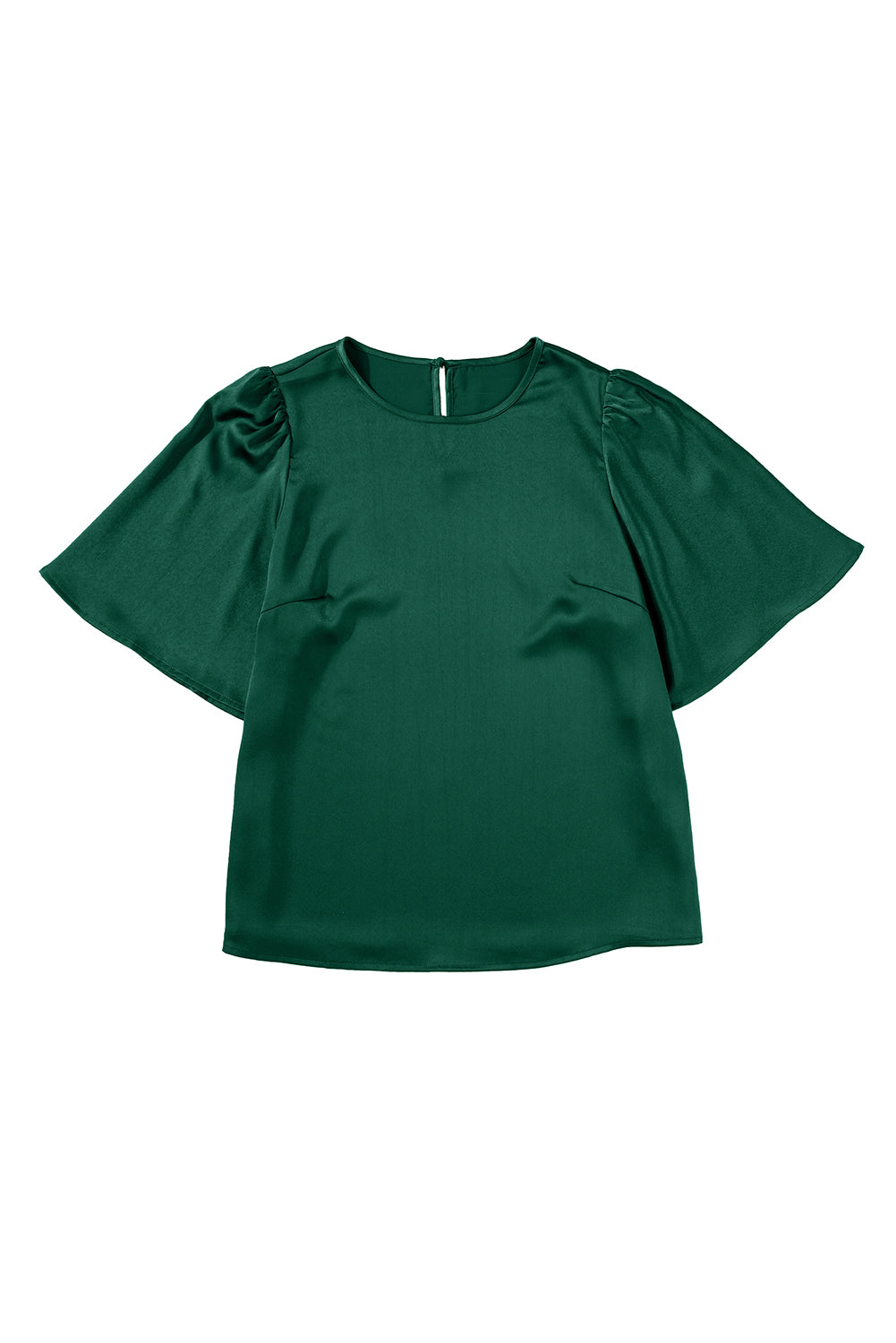 Blackish Green Solid Color Satin Keyhole Back Wide Sleeve Blouse