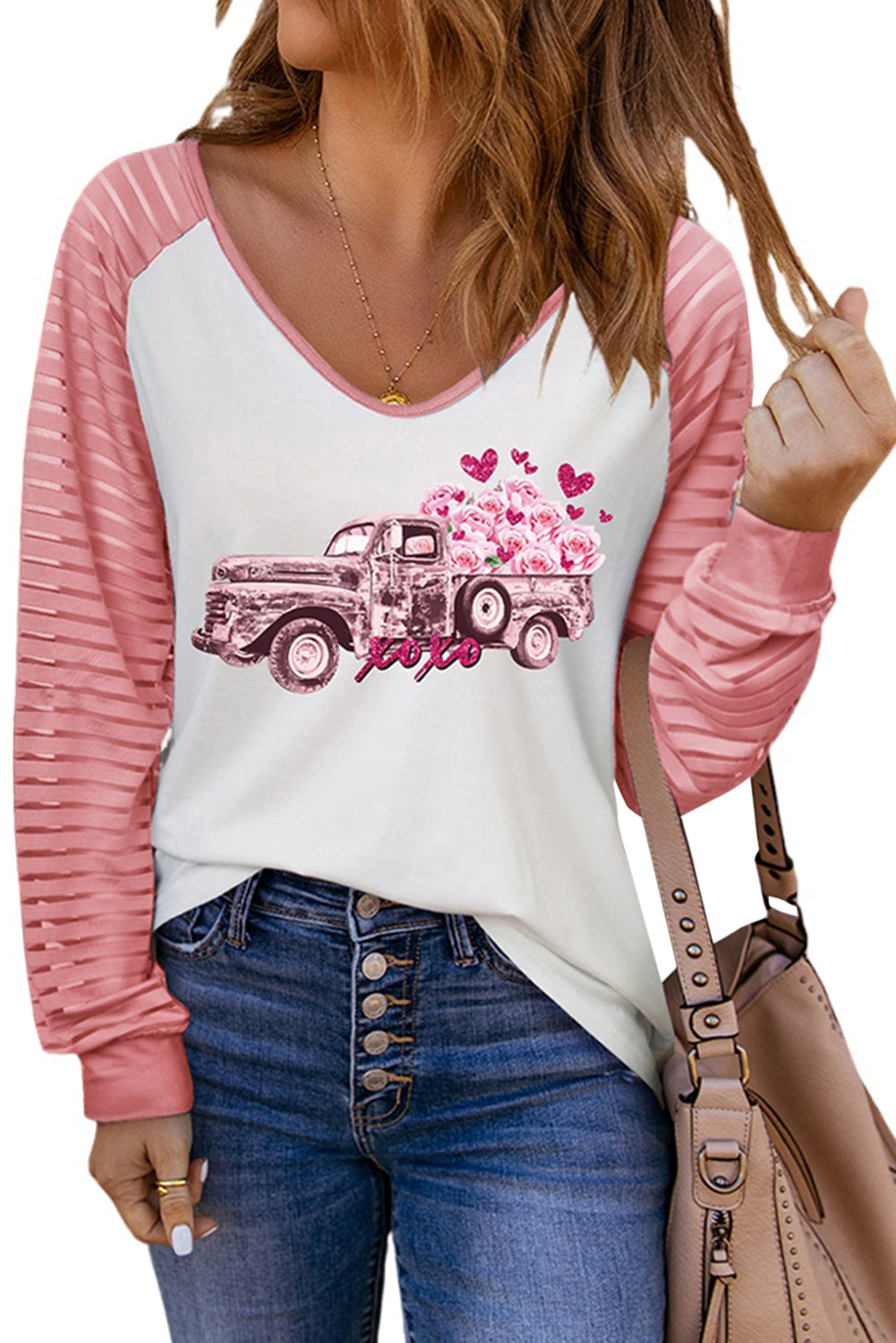 Pink Valentines Flower Car Graphic Striped Long Sleeve Top