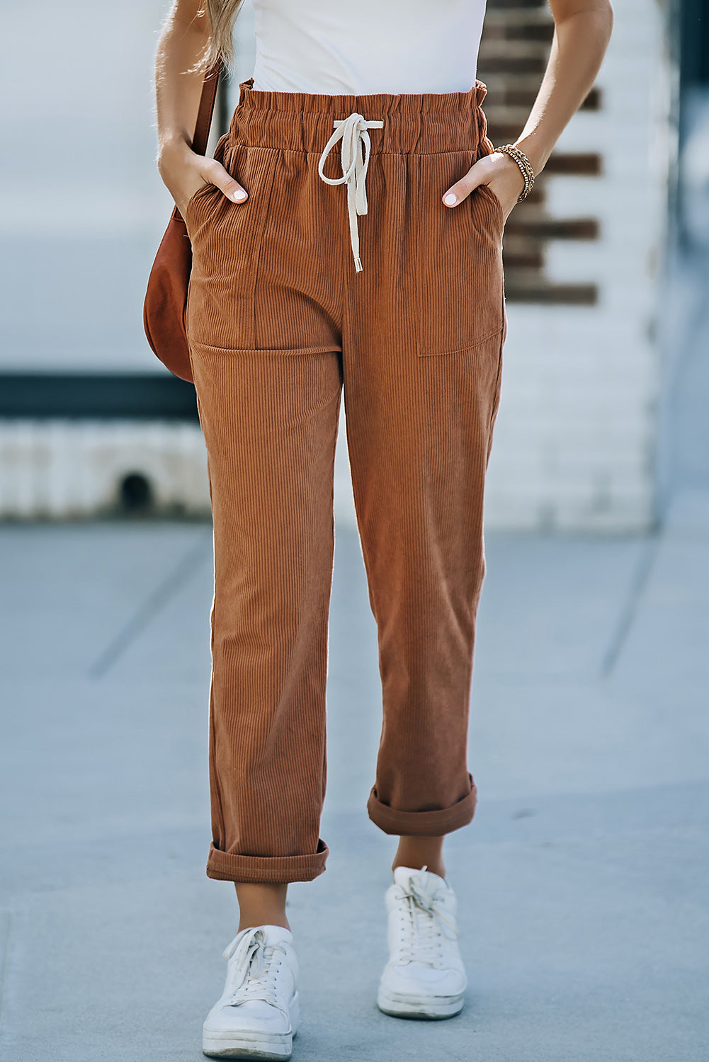 Drawstring Waist Corduroy Pants with Pockets