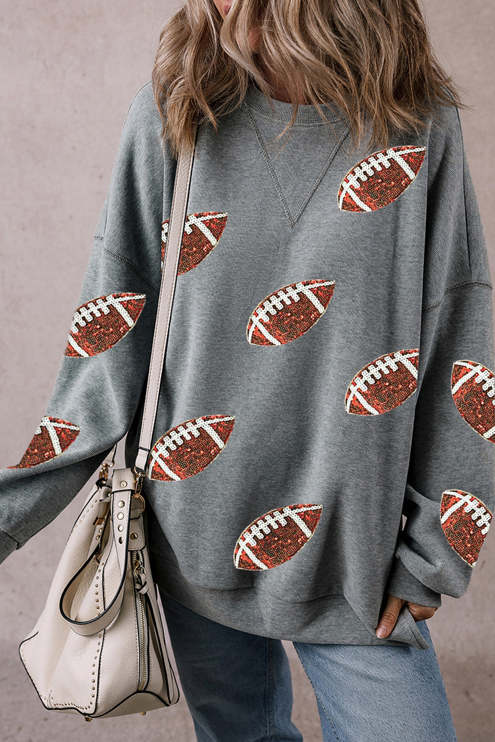 Medium Grey Sequin Rugby Pattern Drop Shoulder Pullover Sweatshirt