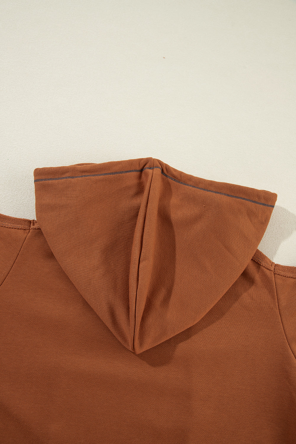 Cinnamon Exposed Seam Cold Shoulder Drawstring Hoodie