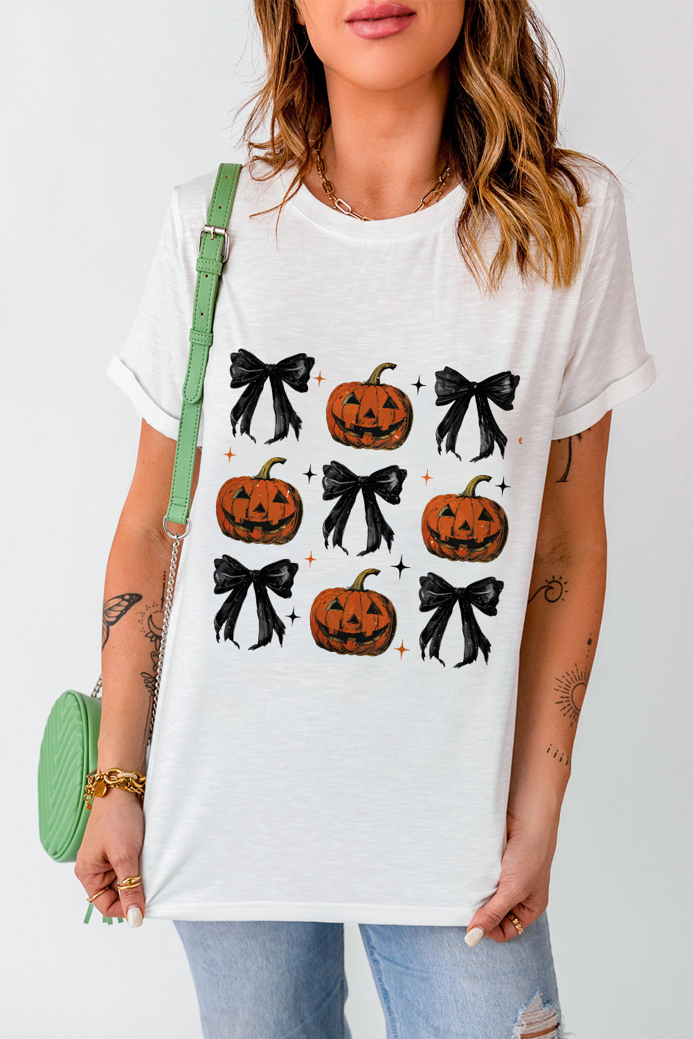 White Halloween Pumpkin Face Bowknot Graphic T Shirt