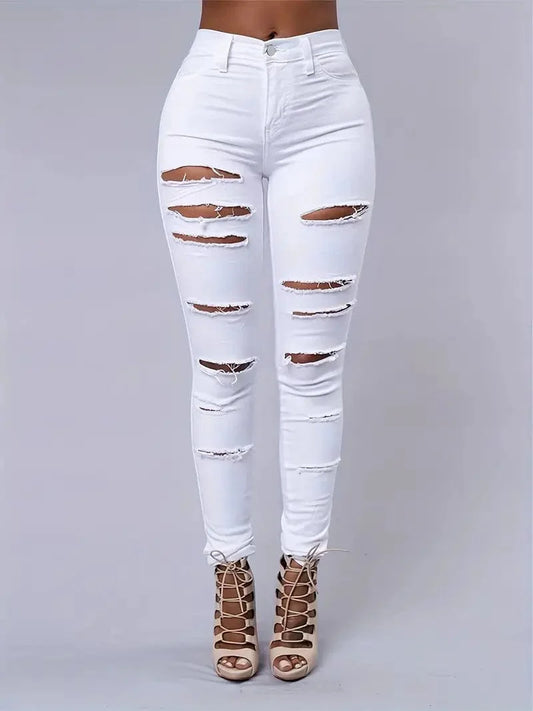 High Stretch Ripped Distressed Denim Jeans with Zipper and Button Closure, Solid Color Slim Fit Women's Pants