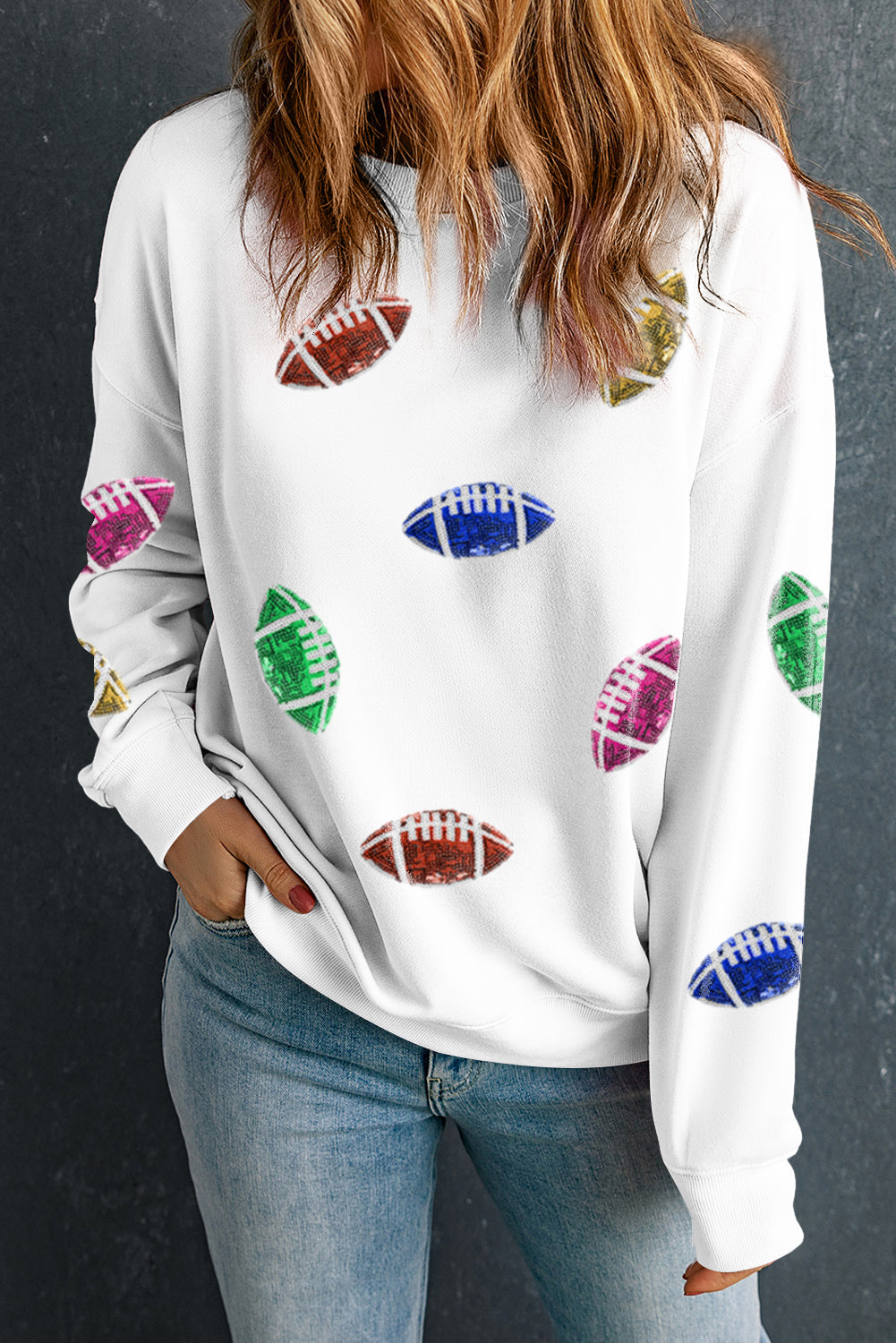 Beige Sequined Rugby Football Pattern O Neck Game Day Sweatshirt