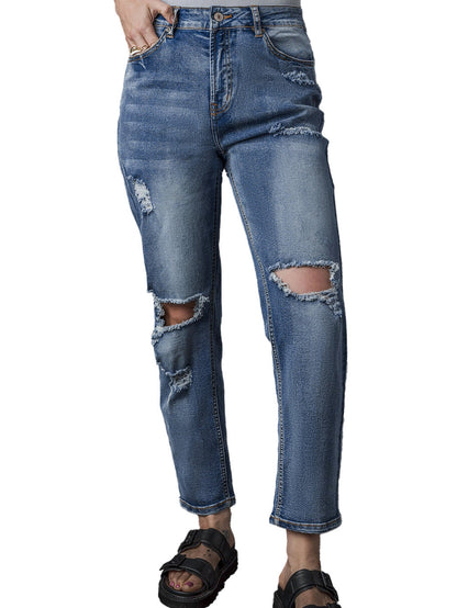 High Waist Ripped Raw Edge Comfort Loose Pants