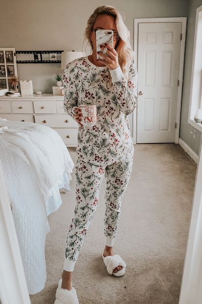 White Holly Print Thermal Pullover Pants Lounge Set