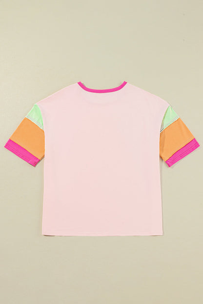 Pink Color Block Stitching Sleeve Round Neck Oversize Top