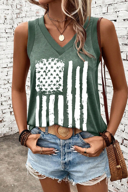 Mist Green Frayed American Flag Printed V Neck Tank Top