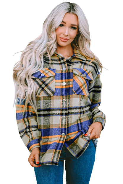 Blue Geometric Plaid Print Pocketed Shacket