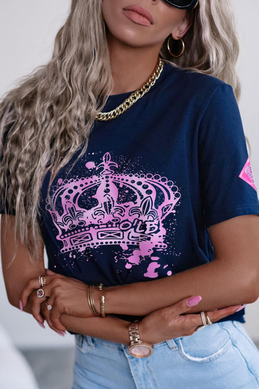 Navy Blue Crown Graphic Crew Neck T Shirt