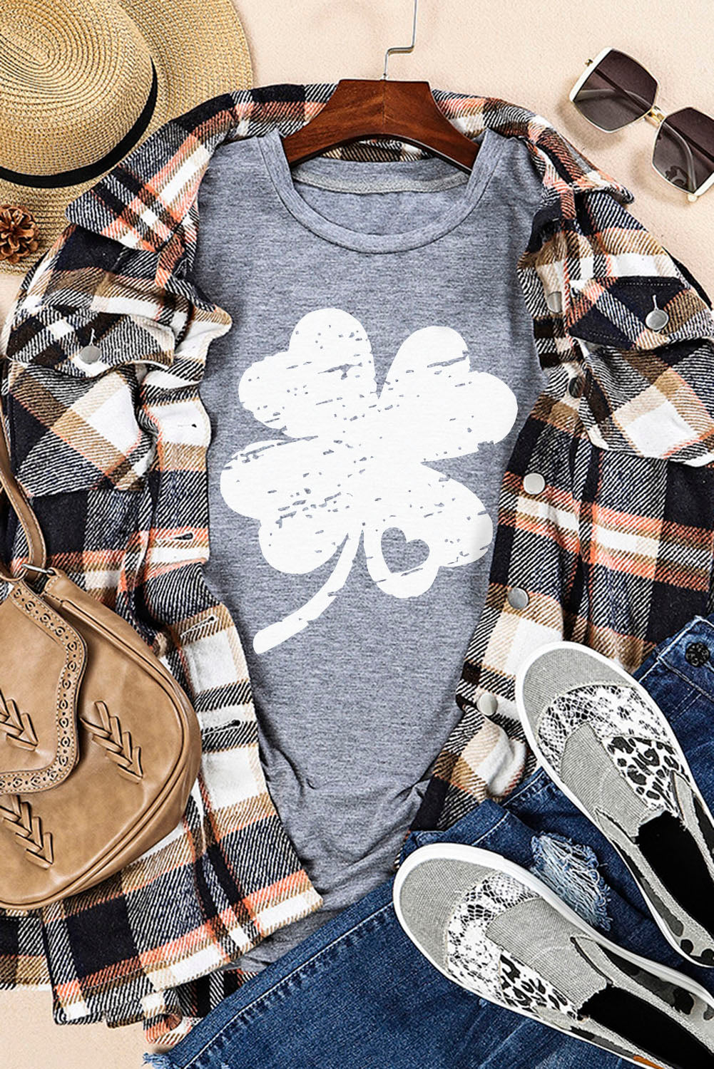 Gray St Patrick Shamrock Graphic Print Tee