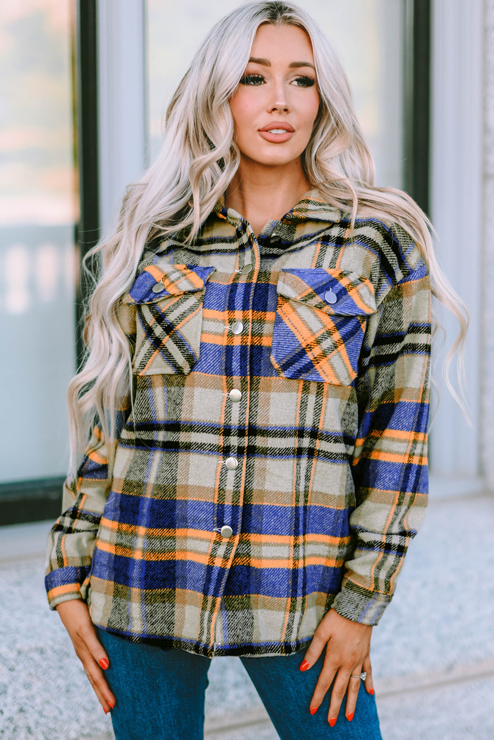 Blue Geometric Plaid Print Pocketed Shacket