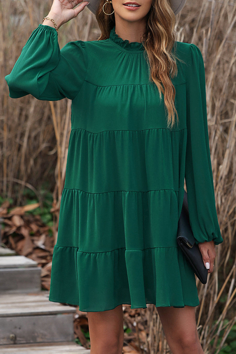 Plus Size Round Neck Loose Casual Pleated Mini Dress