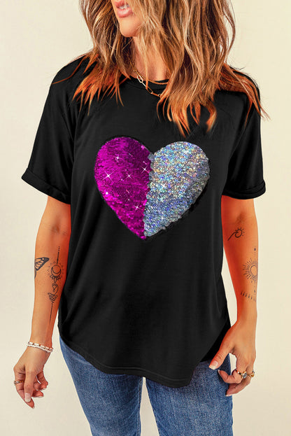 Black Valentine Two Tone Sequined Heart Shaped Graphic T Shirt