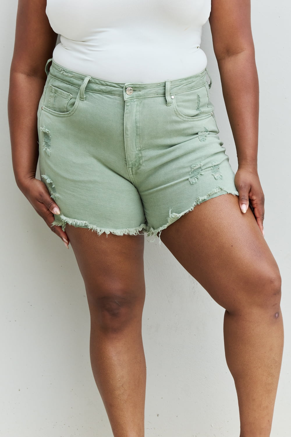 RISEN Katie Full Size High Waisted Distressed Shorts in Gum Leaf