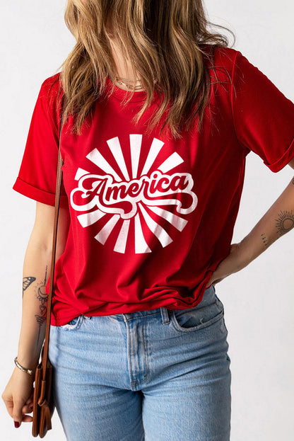 Fiery Red America Graphic Print Independence Day T Shirt