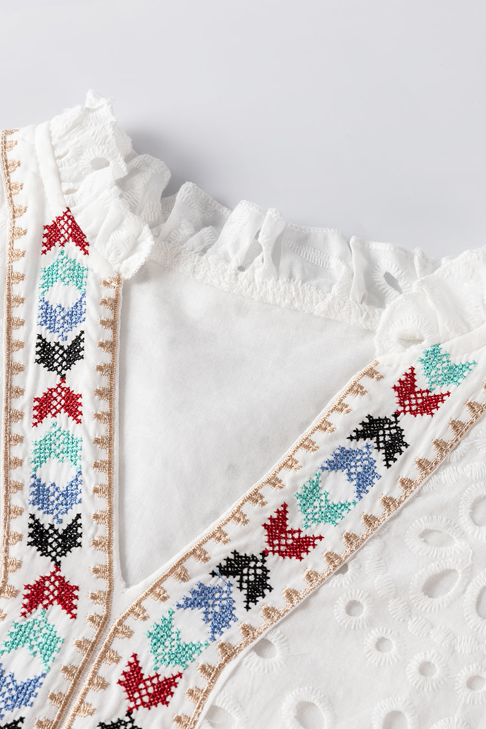 White Geometric Embroidery Hollow Out Blouse