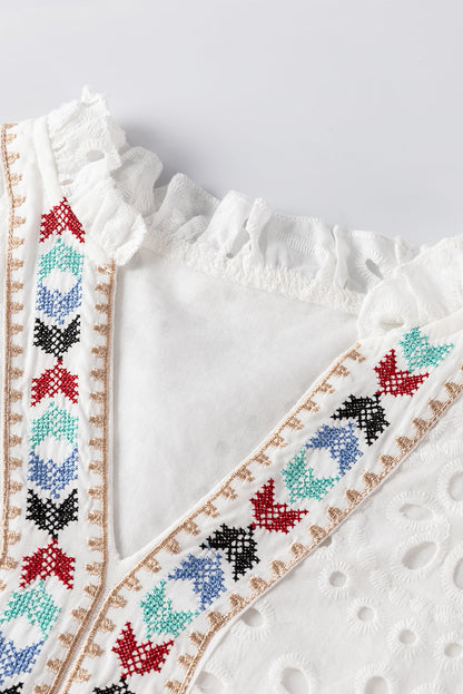 White Geometric Embroidery Hollow Out Blouse