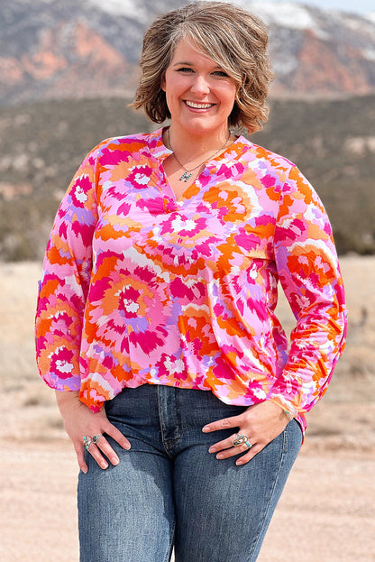 Pink Plus Size Abstract Floral Print V Neck Blouse