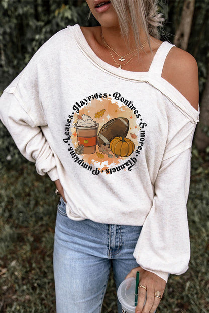 Beige Pumpkin Rugby Football Slogan Print Cold Shoulder Top