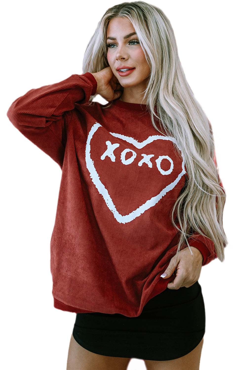 Racing Red XOXO Heart Shape Graphic Corded Sweatshirt