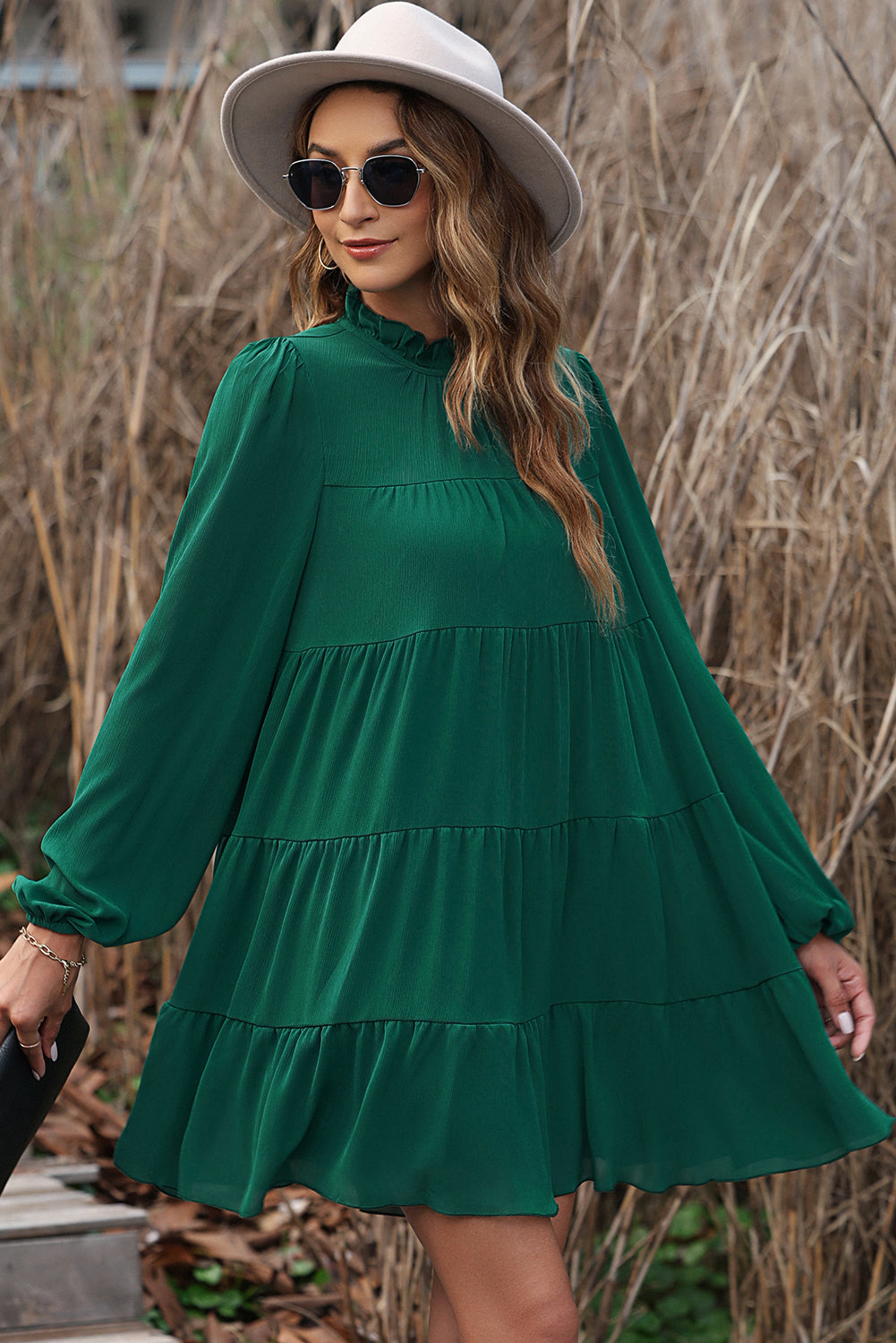 Plus Size Round Neck Loose Casual Pleated Mini Dress