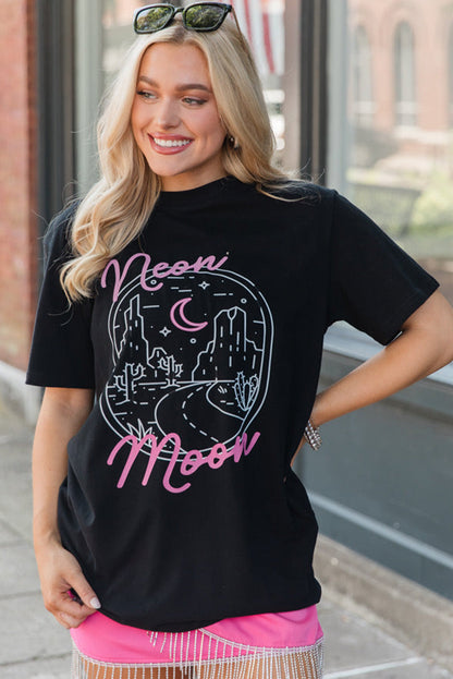 Black neon moon Letter Graphic Short Sleeve Top