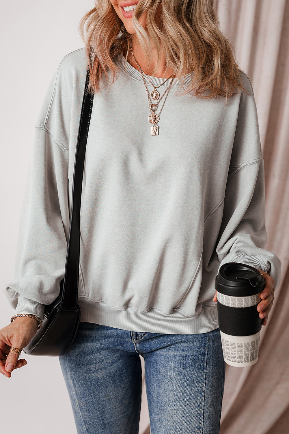 Gray Exposed Seam Batwing Sleeve Drop Shoulder Sweatshirt