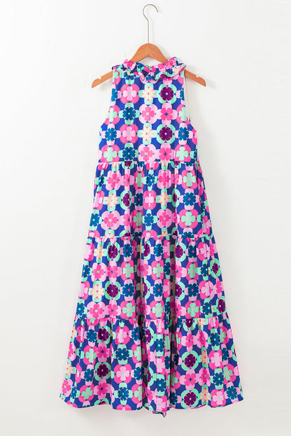 Blue Floral Print Frilly Neck Sleeveless Tiered Maxi Dress