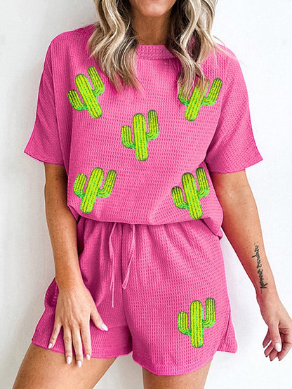 Rose Red Cactus Patched Cozy Two-Piece Lounge Set