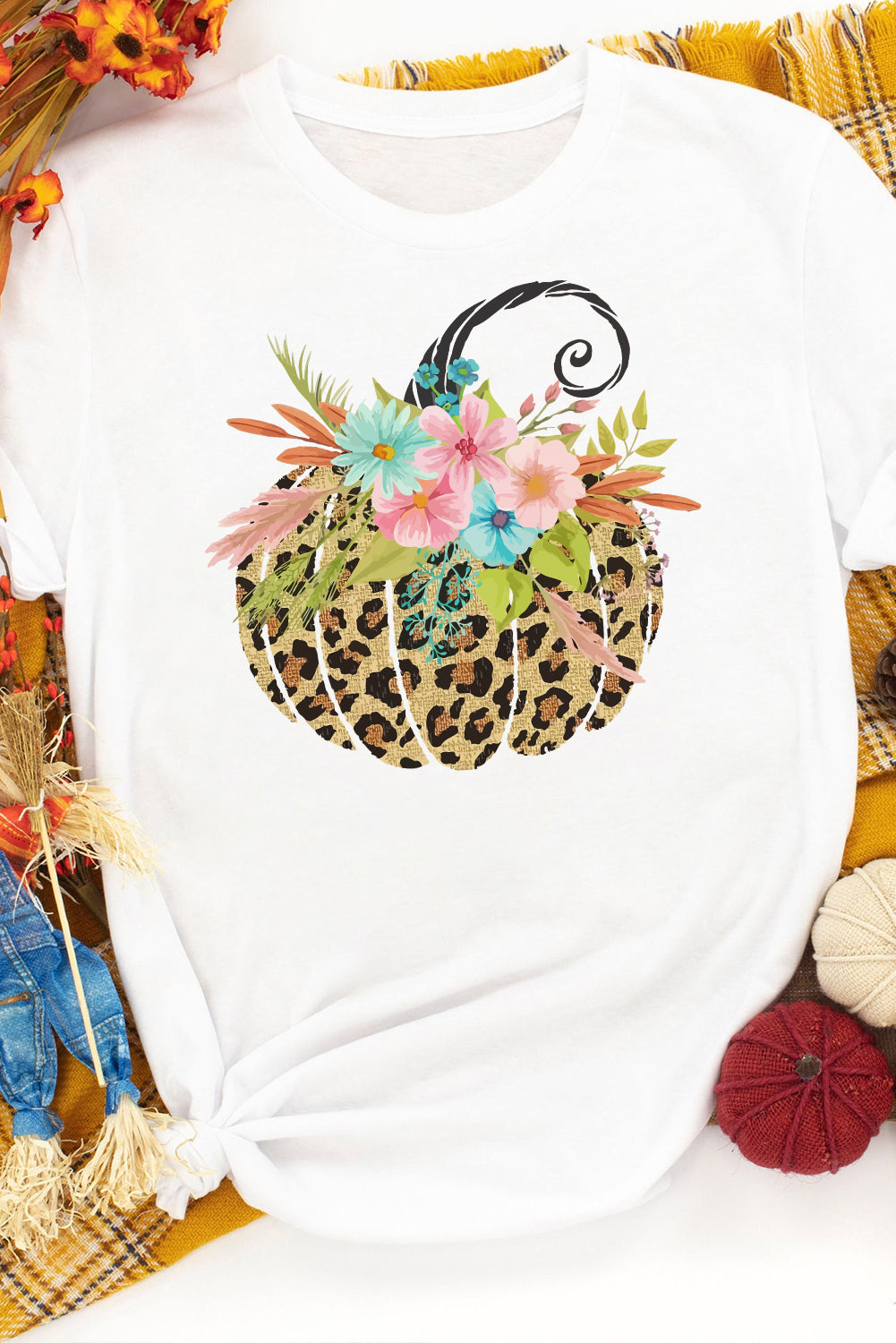 White Floral Leopard Pumpkin Graphic Halloween T Shirt