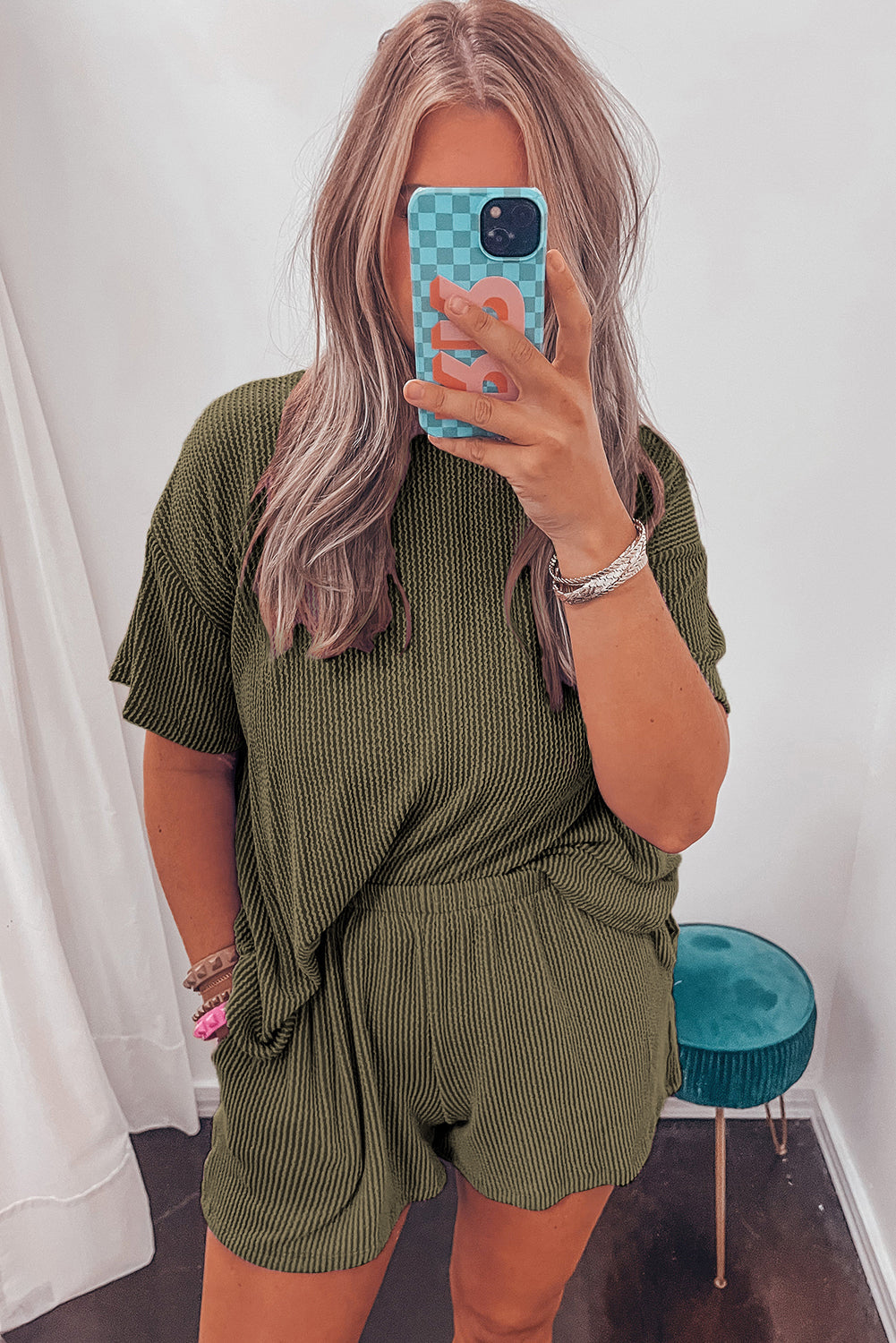 Jungle Green Ribbed Textured Knit Loose Fit Tee and Shorts Set