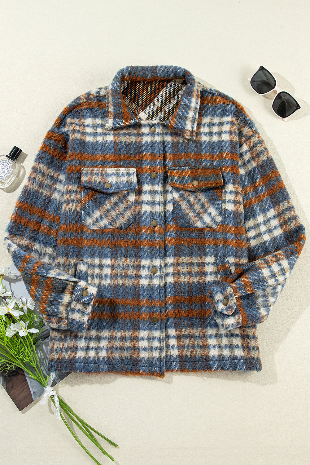 Cinnamon Plaid Print Chest Pockets Turn Down Collar Shacket