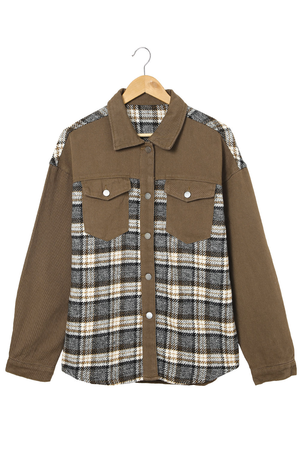 Brown Plaid Patchwork Pockets Denim Jacket