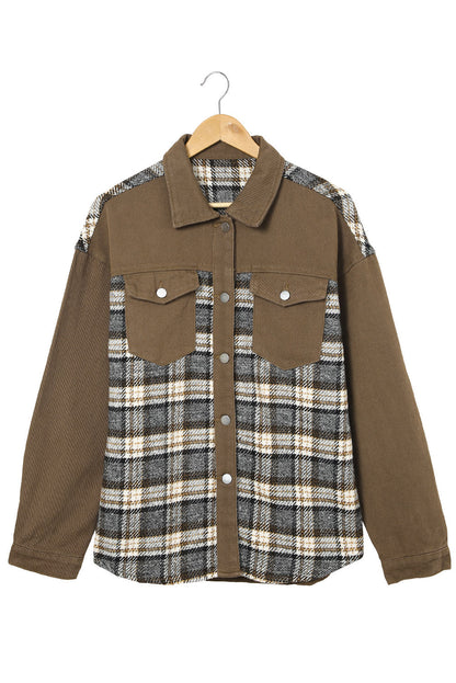 Brown Plaid Patchwork Pockets Denim Jacket