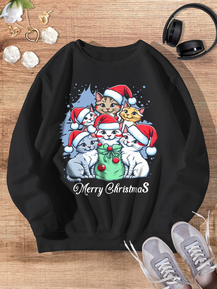 Christmas Cute Cat Print Casual Fashion Retro Winter Round Neck Long-sleeved Sweatshirt
