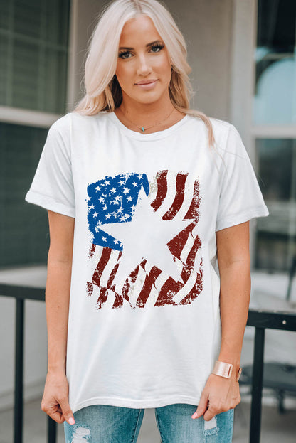 White American Flag Star Graphic Crew Neck T Shirt