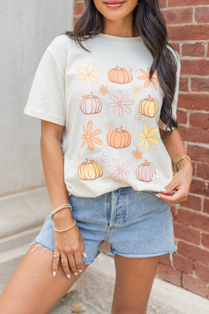 White Floral Pumpkin Graphic Crewneck Halloween T Shirt