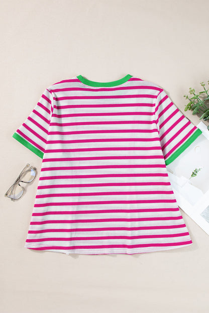 Rose Stripe Contrast Trim Crew Neck Loose Short Sleeve Top