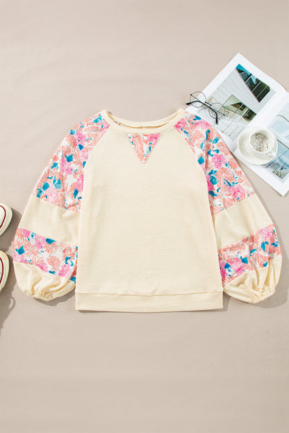 Apricot Textured Floral Patchwork Balloon Sleeve Blouse