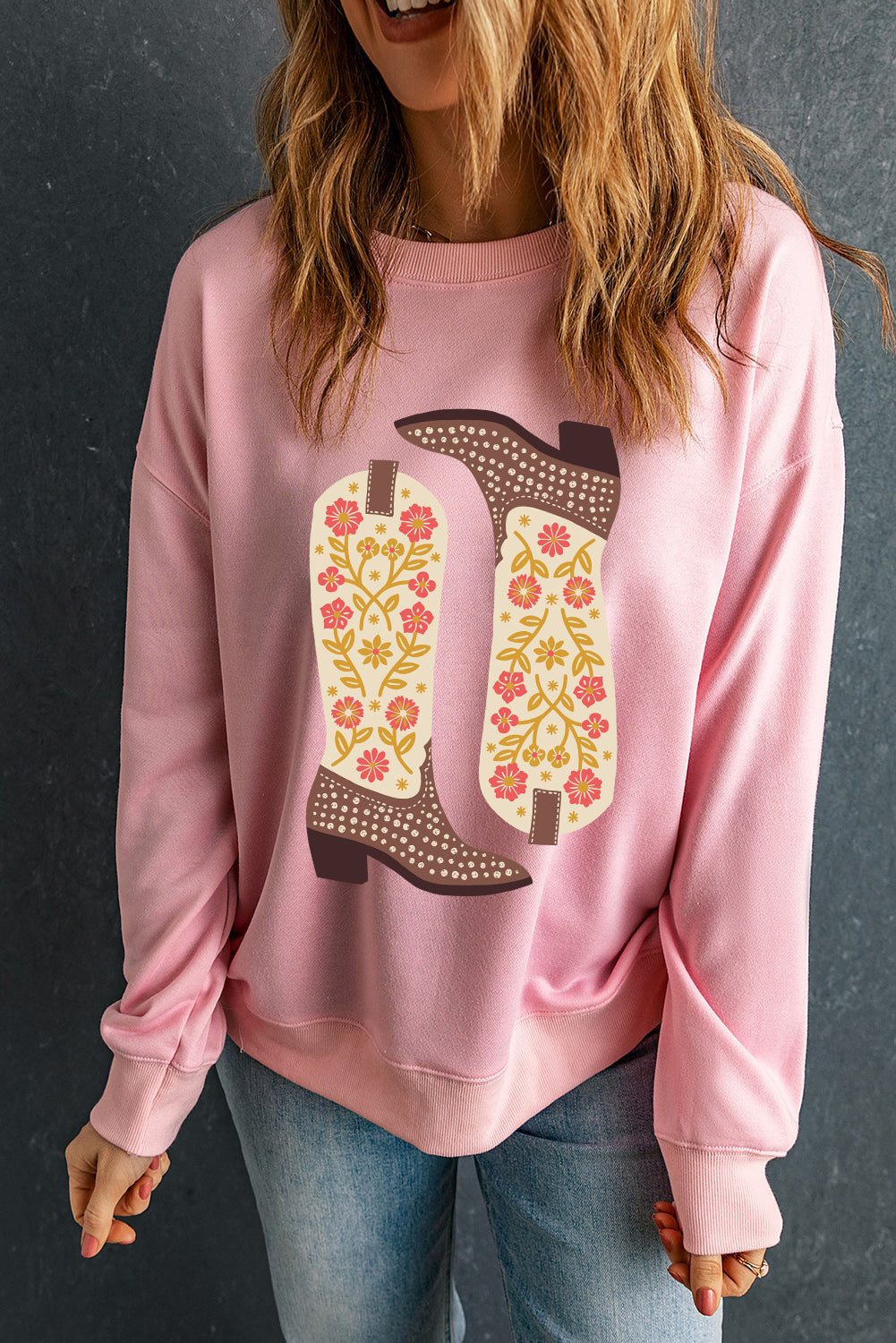 Pink Floral Cowgirl Boots Graphic Drop Shoulder Sweatshirt