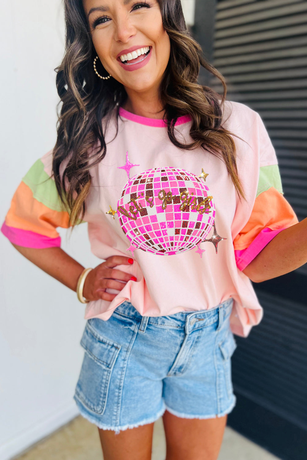 Pink Sequin Disco Ball Color Block Sleeve T-Shirts